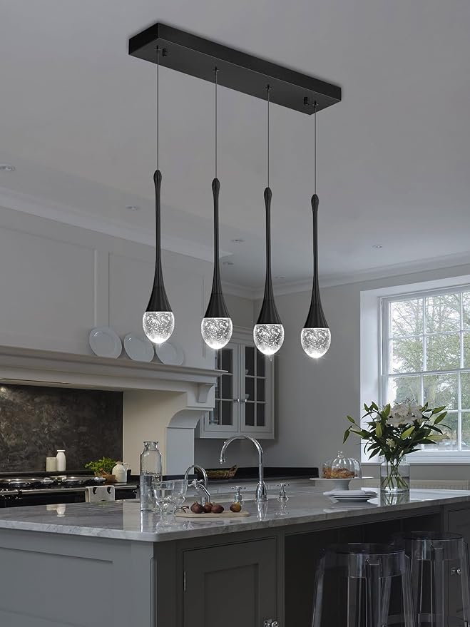ykolupty Dining Room Light Fixture 4-Light Black Kitchen Island Lighting Industrial Linear Crystal Chandeliers for Dining Room Pendant Light Fixture for Living Room Hallway Bedroom