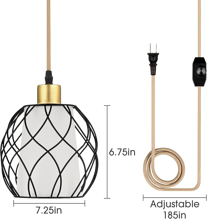 Cinkeda Plug in Pendant Light, Black Farmhouse Hanging Lights with Linen Shade, 15ft Golden Cotton Cord, Industrail Ceiling Lamp with Dimmable Switch, for Kitchen Island Living Room (Bulb Included)