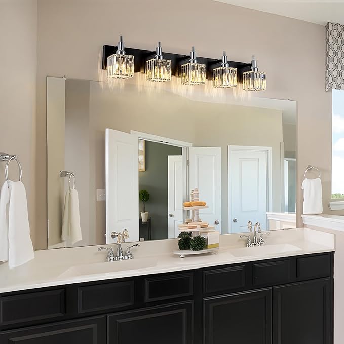 Black Chrome Bathroom Vanity Lights, 5 Lights Modern Crystal Bathroom Lighting Fixtures Over Mirror Crystal Wall Light with Square Shade