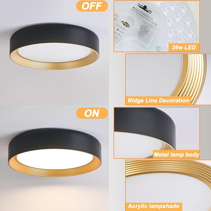 Dimmable Modern LED Flush Mount Ceiling Light,15.7 Inch 5CCT 36W/3000K-6000K,Minimalist Round Black and Gold Close to Ceiling Lighting Fixtures for Bedrooms,Dining Rooms,Living Room,Kitchens