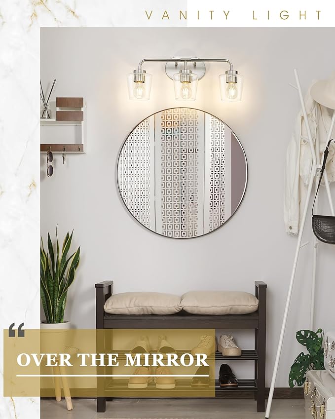 Bathroom Light Fixtures, 3-Light Brushed Nickel Vanity Lights Over Mirror with Clear Glass, Modern Vanity Lighting Fixtures, AD-22004-3W-SN-C