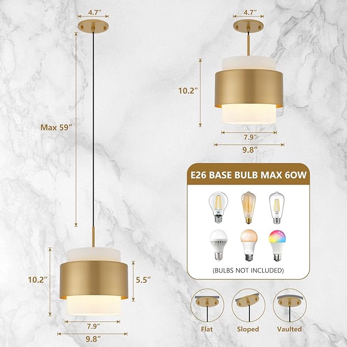 9.8" Modern Pendant Lights, Pendant Lights Kitchen Island with Milky White Glass Lampshade, Farmhouse Pendant Lighting for Dining Room Hallway Porch, 2 Pack