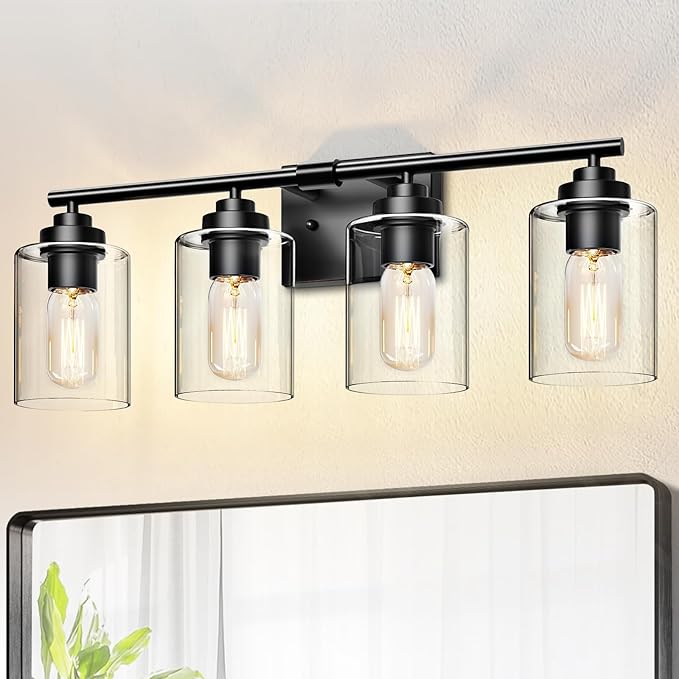 SKEJAO Bathroom Vanity Lights Over Mirror,Bathroom Light Fixture Wall Sconce Lighting for Bedroom,Living Room (Black, 4-Light)