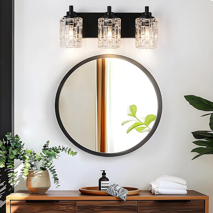 Bathroom Light Fixtures, 3-Light Black Bathroom Vanity Light, Modern Wall Sconces with Clear Glass Shade, Black Wall Lights for Mirror Kitchen Bedroom Hallway, E26 Base