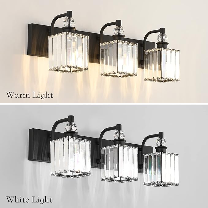 Ralbay Crystal Black Vanity Light for Bathroom 3 Light 24''Modern Matte Black Bathroom Vanity Lighting Fixtures Over Mirror