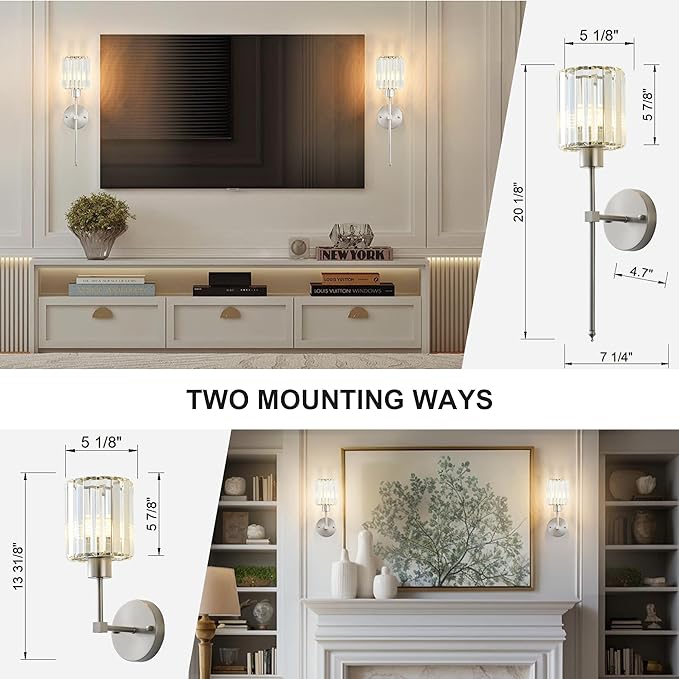 KARTOOSH Hardwired Crystal Wall Sconces Set of Two - Dimmable Wall Light Fixtures 3000K, Warm White, for Hallway, Bathroom, Living Room, Bedroom, Nickel, 20.1 Inch