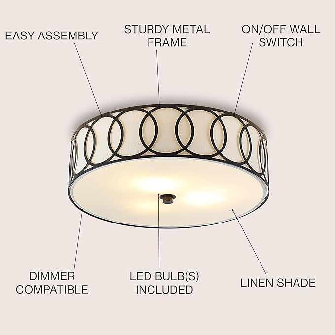 JONATHAN Y 15.5" Oil Rubbed Bronze Modern Metal LED Flush Mount Ceiling Light for Bedroom Hallway, White Linen Drum Shade with Geometric Fretwork, LED Bulbs Included (JYL3503C)