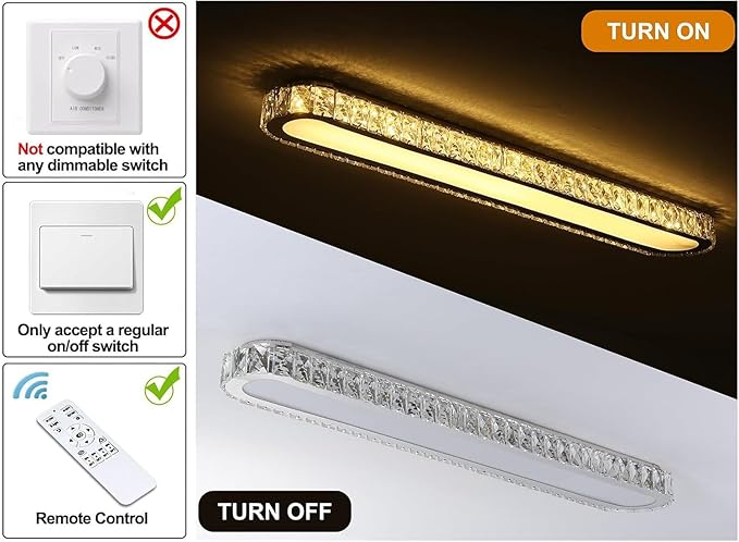 Qcyuui Dimmable LED Ceiling Light 39.4'' Kitchen Lighting Fixtures Ceiling Modern Luxury Crystal Ceiling Light with Remote Chrome Long Ceiling Light Fixture for Kitchen Dining Room Hallway,48W