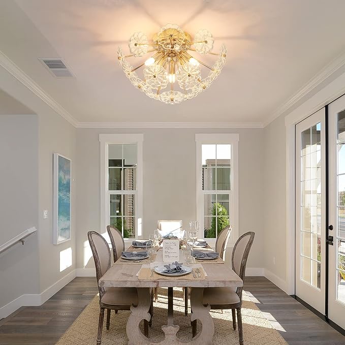 CM MZY Sputnik Flush Mount Ceiling Light, Gold Metal Flower Ceiling Light Fixtures, 3-Light Farmhouse Close to Ceiling Lamp Fixture for Bedroom Closet Kitchen Living Room Hallway(Dia 13.8")