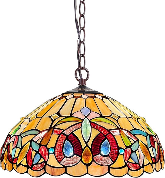 Capulina Tiffany Lamp Stained Glass Pendant Light 2-Light 16" Wide Cream Brown Tiffany Style Hanging Lamp for Kitchen Island Dining Room Hallway Foyer(Adjustable Height)