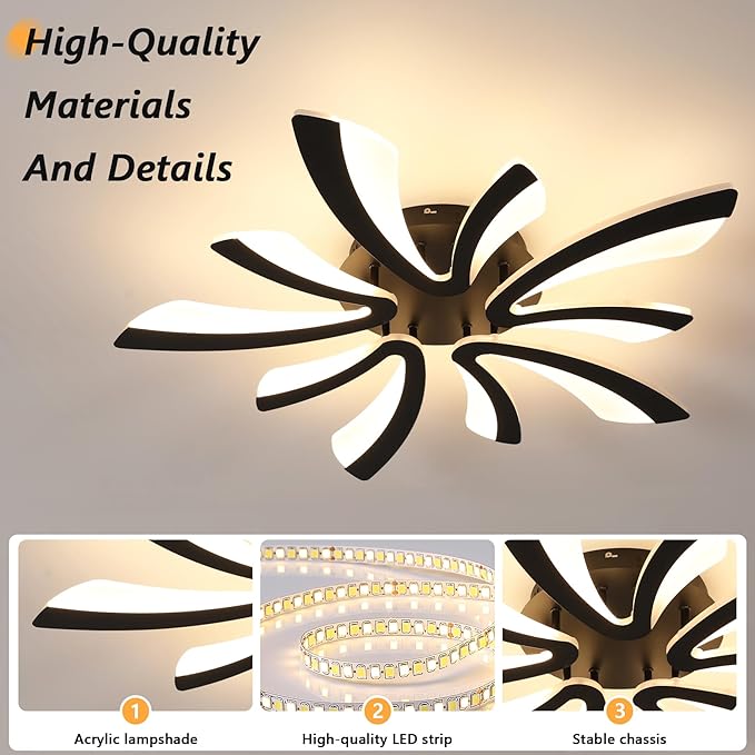 DELIPOP Modern Ceiling Light, 26.7'' Dimmable Black Acrylic V-Shaped LED Flush Mount Ceiling Light, 3000K-6500K with Remote Control for Living Room Bedroom Dining Room