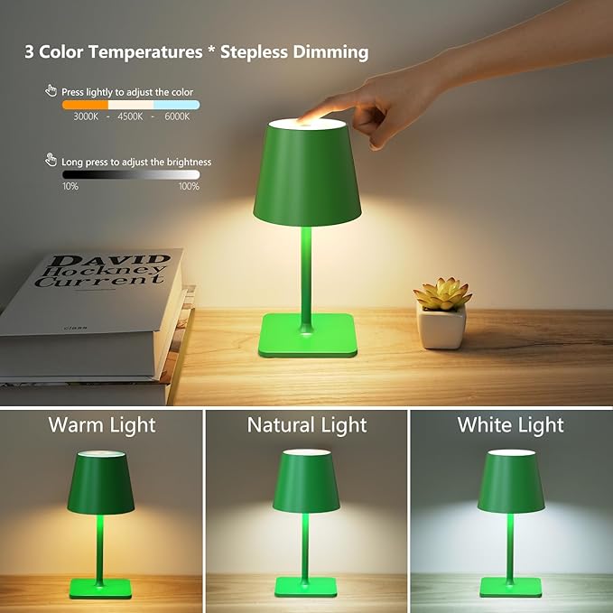 2 Pack Cordless Table Lamp: 6000mAh Battery Operated Touch Lamp Outdoor Table Lights, 3 Color Stepless Dimming, Waterproof Wireless Portable Desk Lamp for Indoor Table Living Room Camping Cafe(Green)