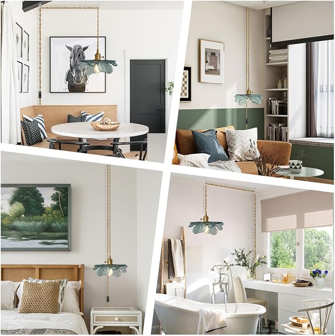 Plug in Hanging light, Modern brass Pendant Light Dark green Glass Shade 14.75ft Hanging Light with Plug in Cord Large glass pendant light Plug in Pendant Lighting for Kitchen Living Dining Room