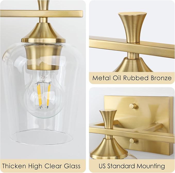 3 Light Bathroom Vanity Light - Gold Bathroom Lighting Fixtures Over Mirror, Modern Wall Sconces with Transparent Glass Lampshade for Bedroom Living Room Kitchen Cabinet Stair Hallway