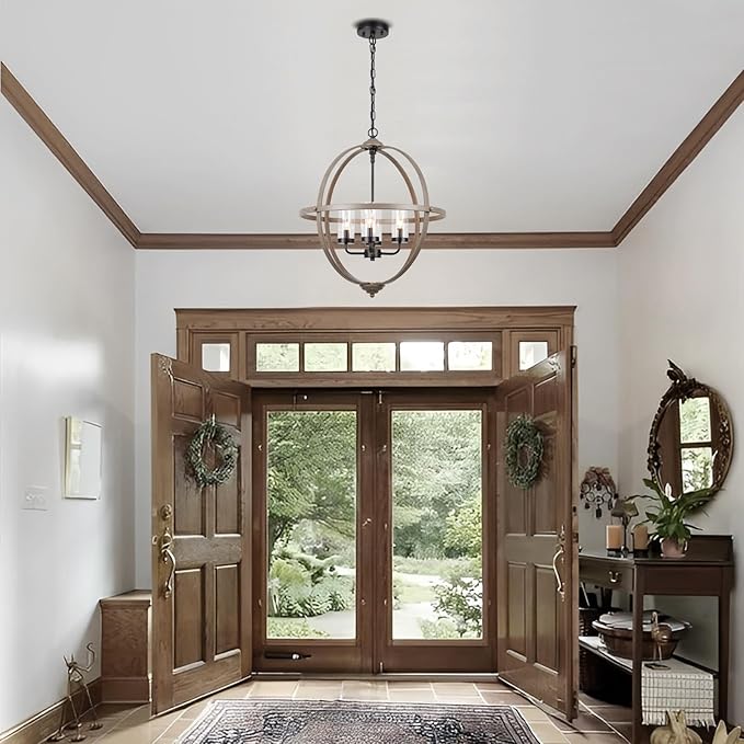 Farmhouse Chandelier, 17" Industrial Rustic Globe Sphere Orb Chandelier Wood Grain, 4-Light for Dining Room Entryway Kitchen Island Foyer
