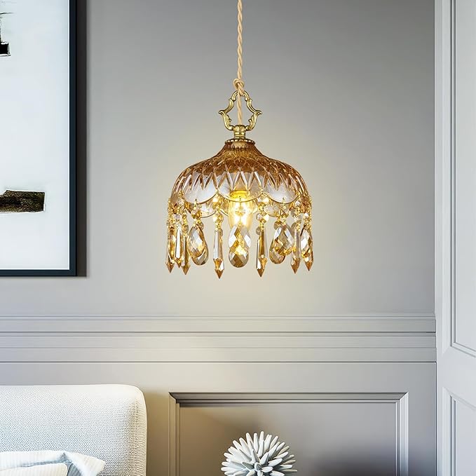 Brass Vintage Glass Pendant Light Crystal Hanging Light Fixtures,Adjustable Height Amber Glass Pendant Lights for Kitchen Island Dining Room Living Room Bedroom Hallway(Amber,1-Pack)