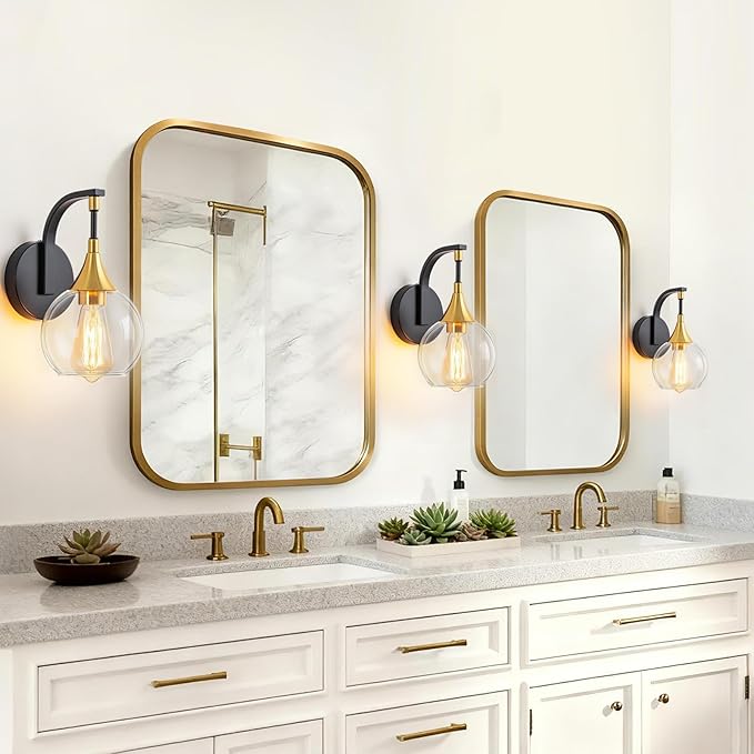 Indoor Wall Sconce, Black and Gold Wall Light Fixture with 4.9 Inches Clear Glass Shade, Bathroom Vanity Lights for Mirror, Bedroom, Hallway