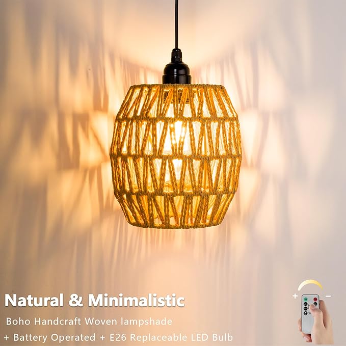 Battery Operated Chandelier, 2 Pack Natural Rattan Pendant Lights - Waterproof Outdoor Boho Hanging Lamps with Egg-Shaped Design, for Patios, Pergolas, Porch, Gazebo & Indoor Ceiling Decor