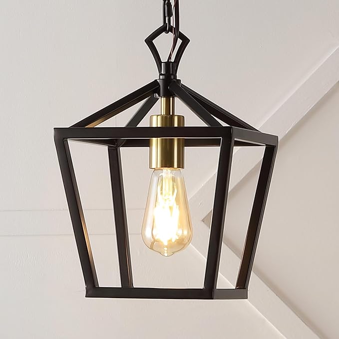 JONATHAN Y 8" Oil Rubbed Bronze/Brass Gold Lantern Pendant Light, 1-Light Pagoda Style Metal Cage Farmhouse Hanging Ceiling Fixture for Kitchen Island, LED Bulb Included (JYL7618C)