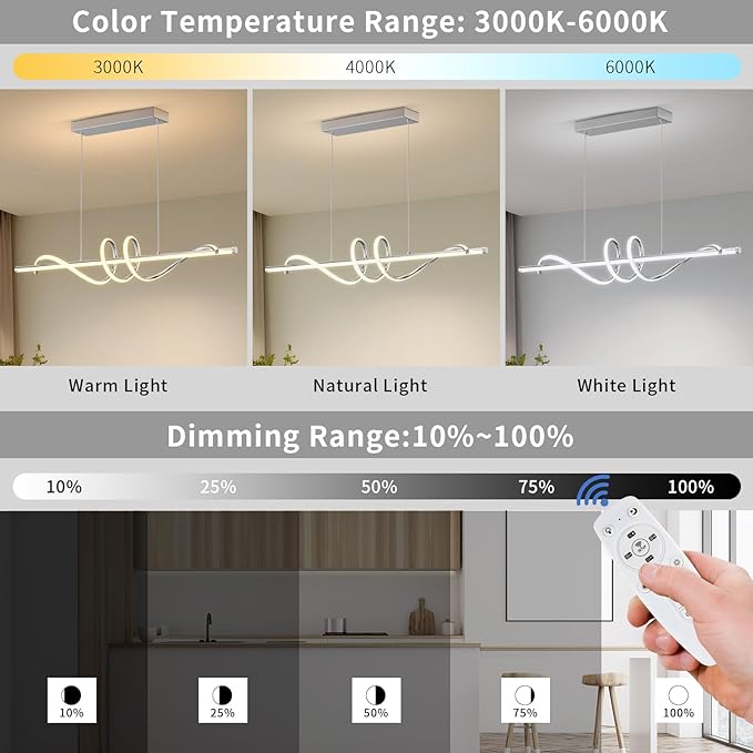 Modern LED Pendant Lights Kitchen Island,3000k-6000K Adjustable Color Dining Room Light Fixture,Dimmable with Remote Control Aluminum for Kitchen, Living, Dining,Bedroom(39in Chrome Silver