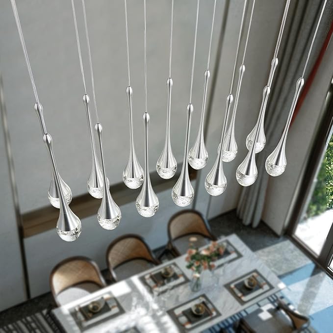 ykolupty Modern Rectangular Chandelier,14 Lights Silver Raindrop Chandelier Lighting,Industrial Linear Pendant Ceiling Light Fixture for Dining Living Room Kitchen Island