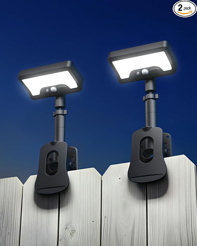 Clip On Solar Lights Outdoor, 3 Modes Motion Sensor Security Light 2 Pack | 92 LED 500LM with Type-C Charging, Waterproof, Chain Link Fence Lights for Deck, Railing, Garden, Gutter, Mailbox, Camping
