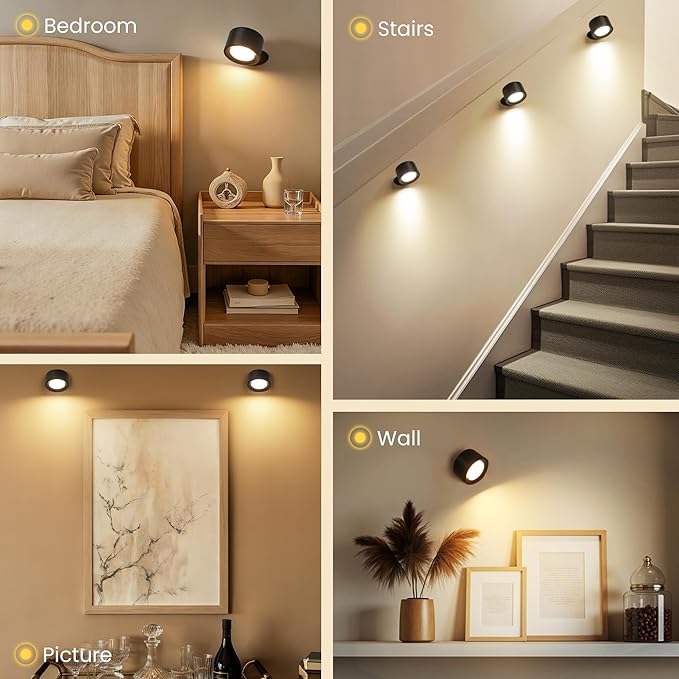 LED Wall Mounted Lamps, Battery Operated Rechargeable Wall Lights, 3CCT & Dimmable, 360°Rotation with Magnetic Ball, Cordless Wall Sconces for Picture Bedside Bedroom Reading, Black-2 Pack