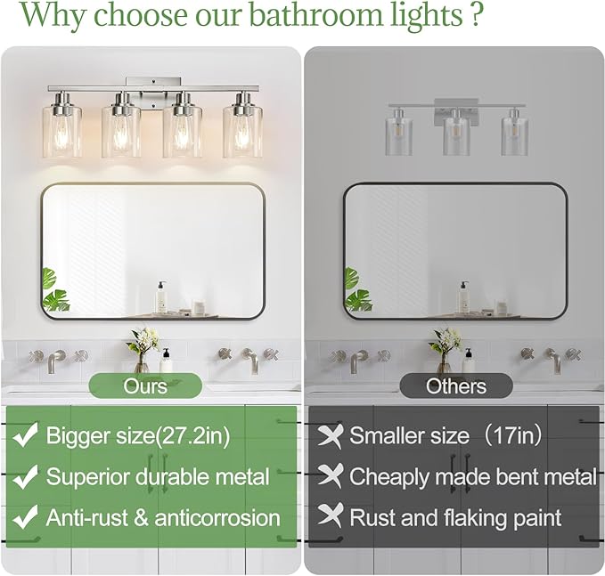 MOKATNG 4-Light Bathroom Light Fixtures, Vanity Light with Clear Glass Shades, Brushed Nickel Bathroom Light Fixtures Over Mirror, Modern Bathroom Wall Lamp for Mirror Living Room Cabinet Bedroom