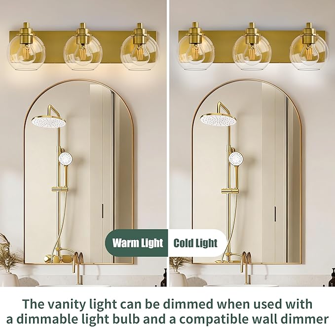 Espird 3 Light Bathroom Light Fixtures-Brushed Gold Bathroom Vanity Lights, Modern Vanity Lights 3-Light Bathroom Lighting Fixtures Over Mirror with Clear Glass Globe Shade