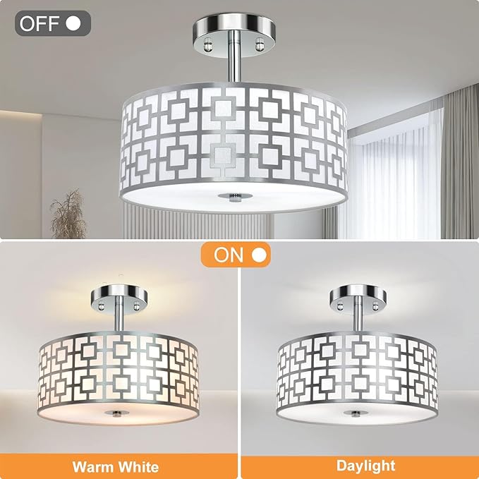 DLLT Flush Mount Ceiling Light: Modern 3-Light Brushed Nickel Kitchen Light Fixture - Drum Lighting Fixture for Dining Room - Silver Bedroom Ceiling Lamp with Double Shade