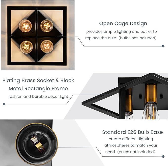 Semi Flush Mount Ceiling Light Fixture, 4 Light Industrial Ceiling Light,Black Frame & Gold Accent, Close to Ceiling Farmhouse Lighting for Kitchen, Bathroom, Bedroom, Hallway (E26,1-Pack)