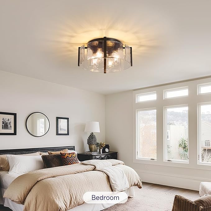 Semi Flush Mount Ceiling Light: 4 Light Drum Matte Black Ceiling Lights - Mid Century Modern Kitchen Lighting Fixtures - Vintage Hammered Glass Fixture for Entryway Farmhouse Bedroom Hallway Foyer