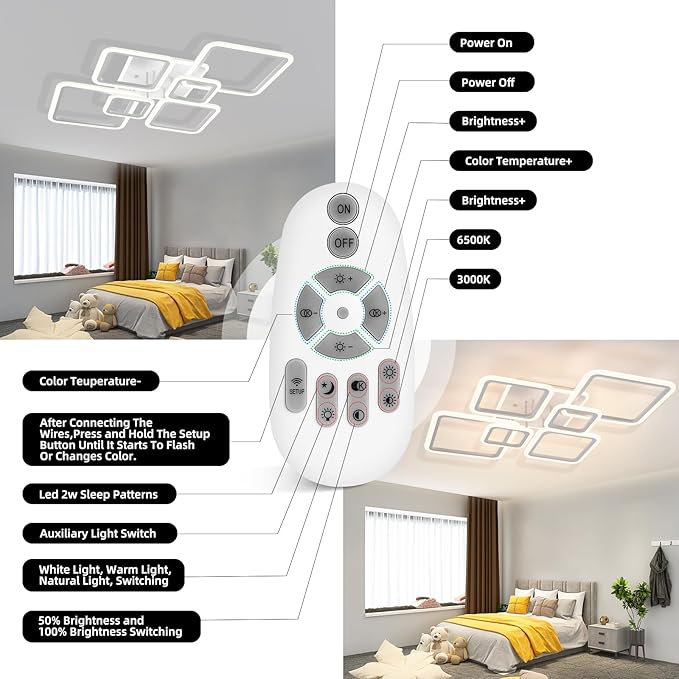 Modern LED Ceiling Lights for Bedroom 40.2'' Dimmable Square 6+1 Rings Ceiling Lights for Living Room with Remote Control 130W for Kitchen,Balcony, Bedroom, Chrome