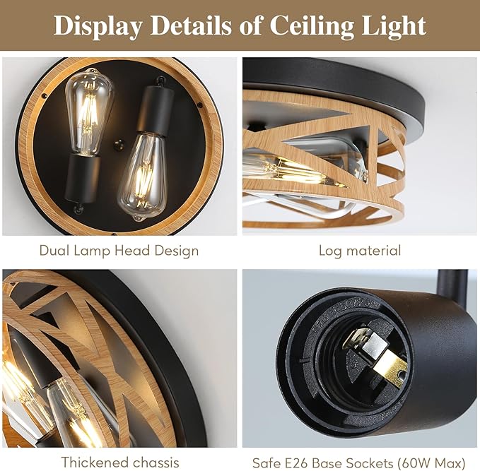 2 Pack Close to Ceiling Light Fixtures, 2-Light Indoor House Flush Mount Ceiling Light, 11 Inch Metal Cage Cross Wood Finish Farmhouse Ceiling Lights for Kitchen Hallway Bedroom