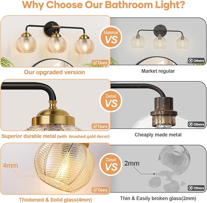 MOKATNG Bathroom Light Fixtures, 3-Light Amber Vanity Lights with Unique Leaf Texture Glass Shade, Modern Matte Black and Gold Bathroom Wall Lamp for Mirror Hallway Cabinet Living Room