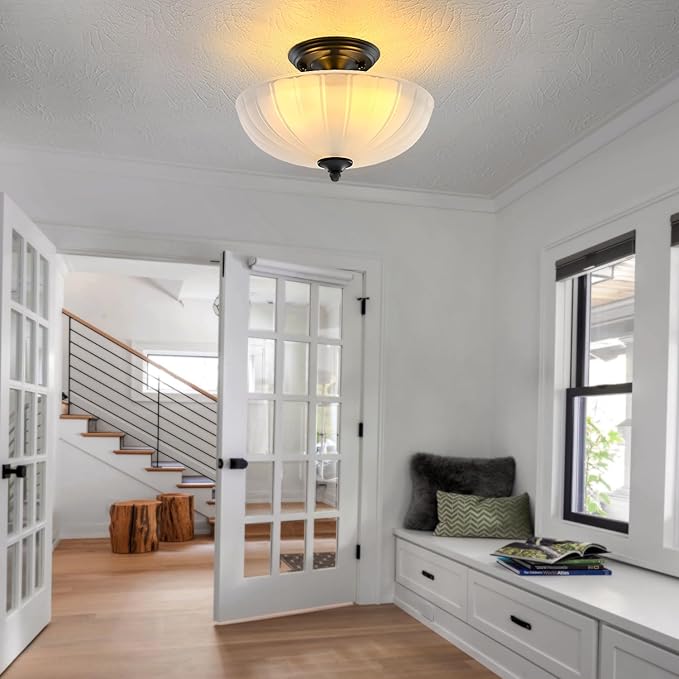 Semi Flush Mount Ceiling Light, 3-Light Kitchen Ceiling Lighting Fixtures with Frosted Glass Lampshade, Black Modern Chandelier for Living Room Bedroom Hallway