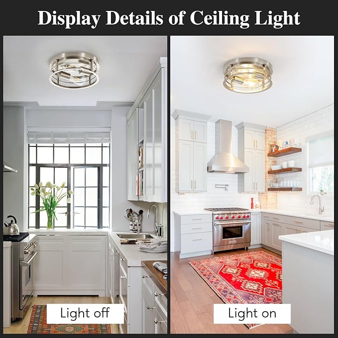 2-Light Round Flush Mount Ceiling Light, Farmhouse Brushed Nickel Metal Cage Close to Ceiling Light Fixture, 11inch E26 Base Semi Ceiling Mount Lamp, Modern Pendant Lighting for Porch Hallway