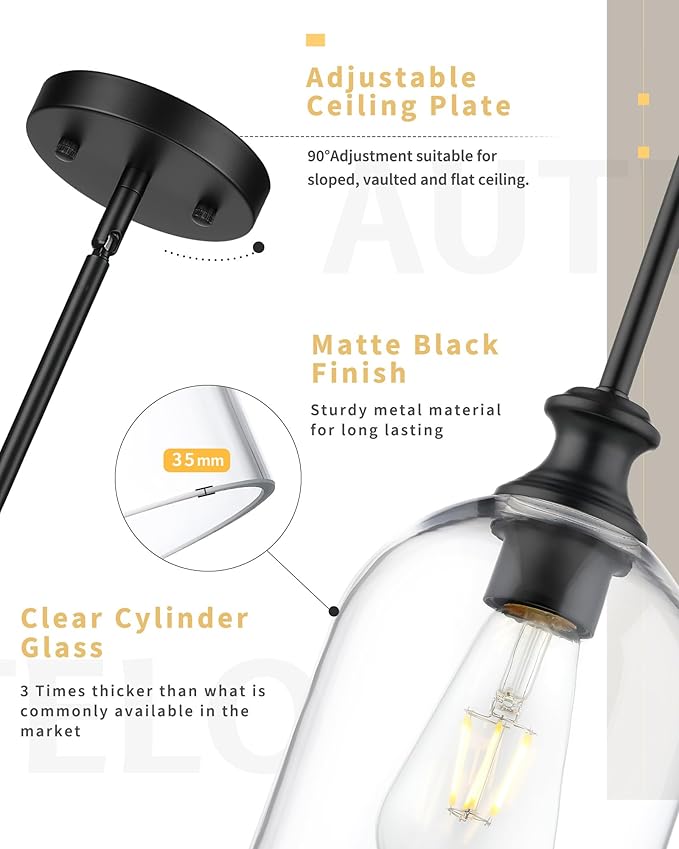AUTELO 2 Pack Matte Black Pendant Lights, Hanging Lamp with Clear Cylinder Glass, Modern Pendant Lights Kitchen Island with Adjustable Rods, H2511 CLBK 2PK