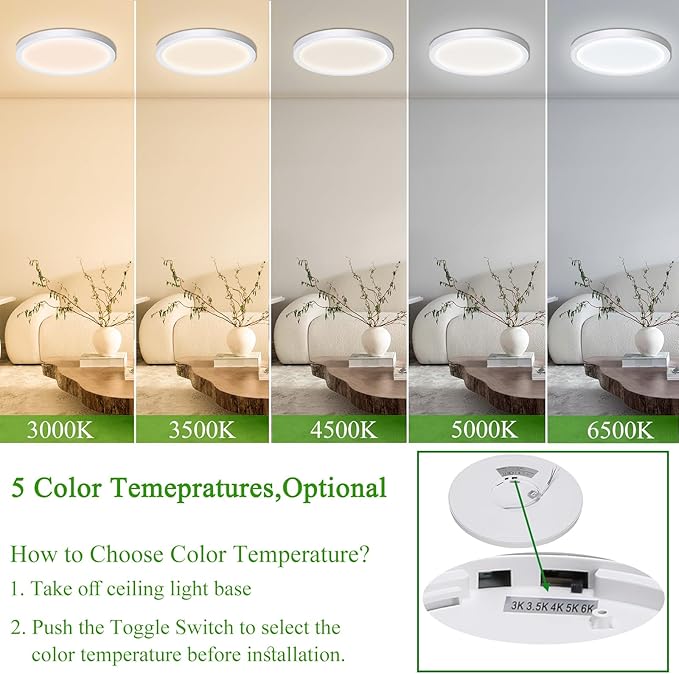 LED Flush Mount Ceiling Light Fixture, 24W 12Inch 3000K/3500K/4500K/5000K/6500K 5 Color Changeable 2880LM Low Profile Ceiling Light for Bedroom, Living Room, Dining Room,White 2 Packs