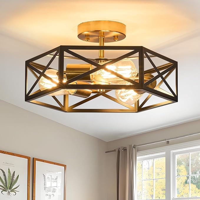 Modern Farmhouse Semi Flush Mount Ceiling Light,Industrial Black and Gold Ceiling Lighting Fixture,Hexagonal Close to Ceiling Lights for Kitchen, Hallway,Bedroom,Foyer,Laundry Room,14.6 Inch