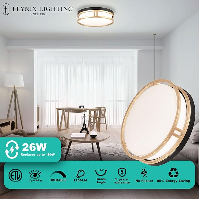 12.5 Inch LED Flush Mount Ceiling Light Fixture, 26W, Super Bright 1700 Lumens, 3 Color 3000K/4000K/5000K, Dimmable Ceiling Lamp for Bedroom Hallway Bathroom Kitchen (Black Gold)