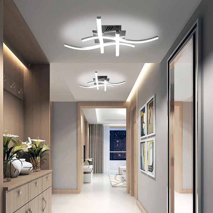 27.5 Inch Modern LED Ceiling Light Fixture, 24W Curved Wave Ceiling Lamp for Bedroom, Kitchen, Hallway, Foyer Library Dining Room Silver Modern Ceiling Light Fixture