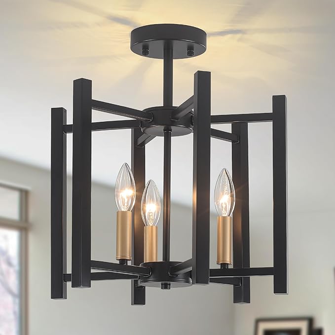 14.6'' Ceiling Light Fixture, 3-Light Black and Gold Semi Flush Mount Ceiling Light Fixture, Modern Farmhouse Industrial Ceiling Light for Hallway Entryway Kitchen Dining Room Bedroom