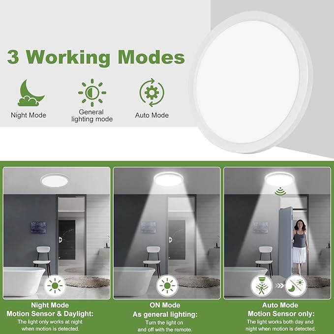 LEZOE 24W Motion Sensor LED Ceiling Light dimmable with Remote, 2400lm 12Inch 3000K/4000K/6500K Flush Mount Ceiling Lighting Fixture, Radar Sensor Lamp for Hallway Laundry Porch Stair Closet White