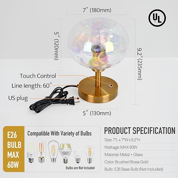 Touch Control Hammered Glass Table Lamp Brass Gold Portable Dimmable Brightness Small Nightstand Light 3-Way Stepless Dimming Bedside Bedroom Living Room (Stained Glass & Gold)