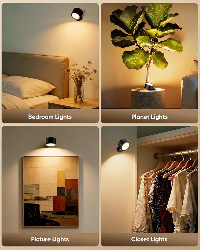 LED Wall Mounted Lights 2 Pcs with Remote, Rechargeable Wall Sconce with 3 Color Temps & Dimmable Magnetic 360° Rotation Cordless Light for Bedroom Reading Bedside (Black, 1 Pack)