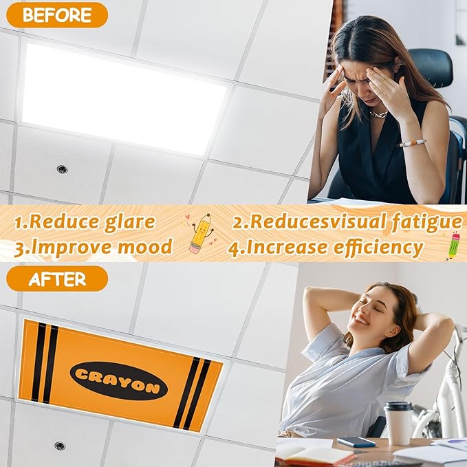 8 Pcs Fluorescent Light Covers with 80 Magnets Decorative for Classroom Ceiling Lights 4 x 2 Feet Magnetic Light Cover Filter Easy Install for Office Hospitals Drop Home Ceiling Supplies (Crayon)