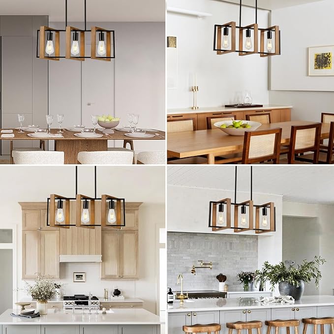 23.6" Kitchen Island Lighting,3 Lights Dining Table Chandelier, Rectangle Island Light for Dining&Living Room, Foyer Hallway,E26, Wood Frame.