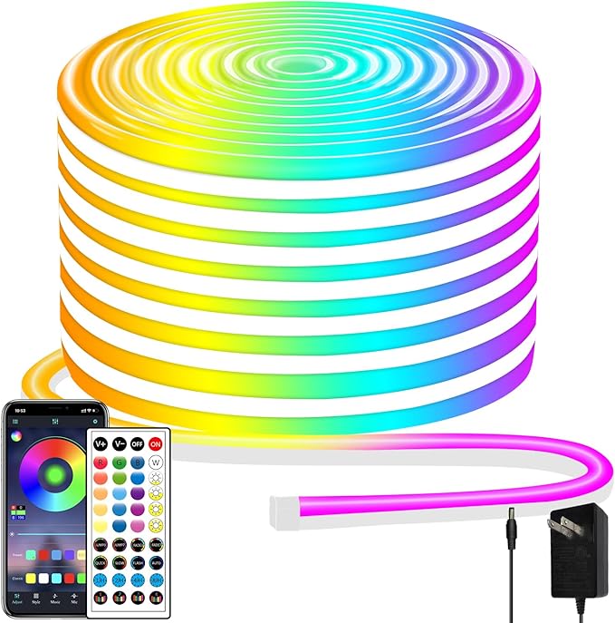 50ft LED Neon Lights with Remote and APP Control, IP65 Waterproof Flexible Neon Strip Lights 24V RGB LED Rope Lights for Bedroom,Living Room,DIY Decoration（with Snap &Screws）