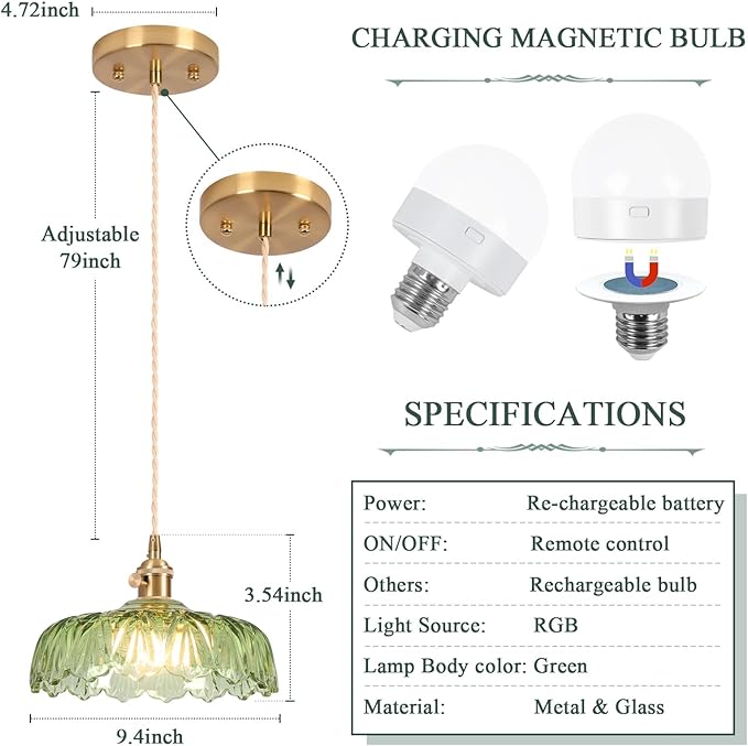 Battery Operated Pendant Light,Vintage Light Fixtures RGB Light Bulb 2500mAh 9.4in Green Modern Chandelier with Remote Control Wireless Adjustable Rechargeable Chandelier for Kitchen Island 2Pack